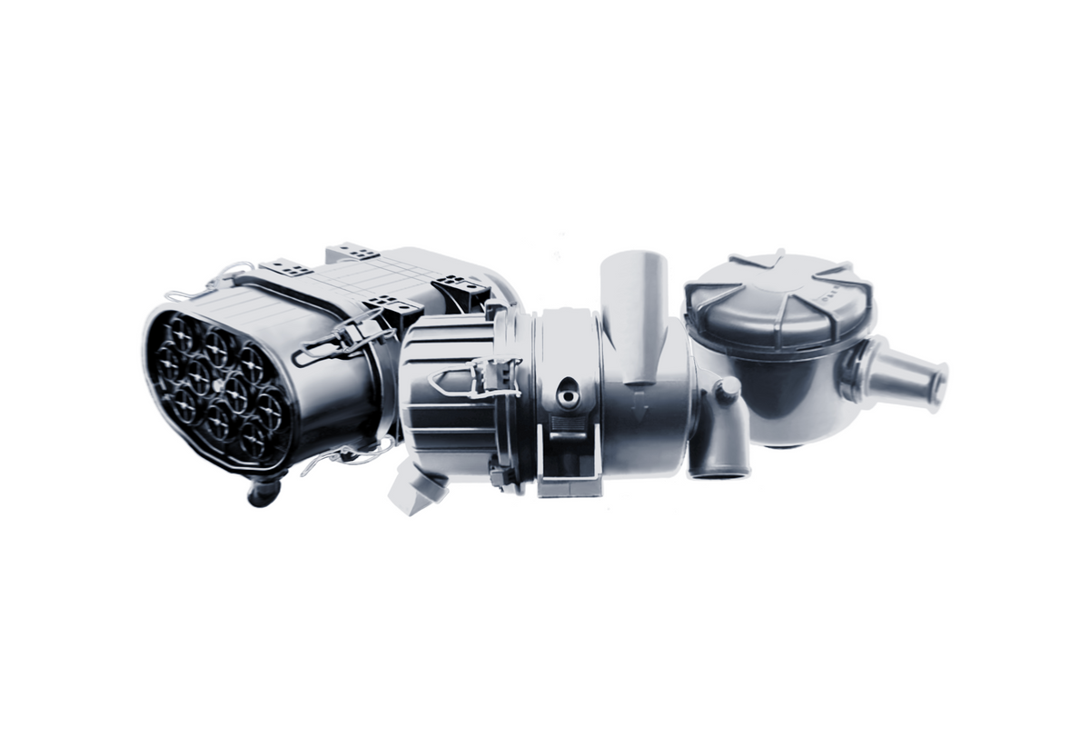 Group of three air cleaners. the first one is a black 2 stage compact Jokto air cleaner, the second is a VikoSeal 2 stage air cleaner, and the last is a single stage ViroSeal air cleaner on a white background.