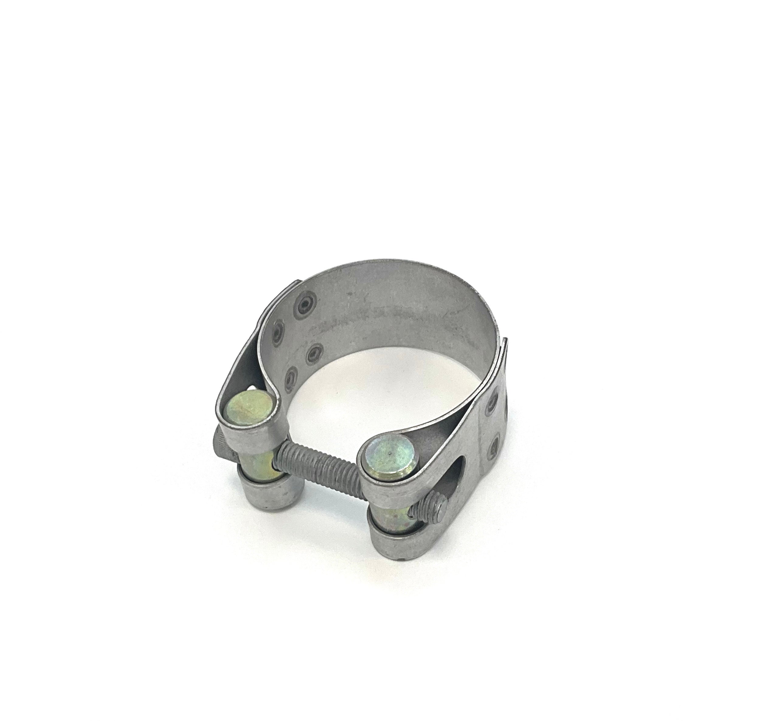 A metal exhaust clamp fitting, with threaded bolt and two visible, photographed on a plain white background. 
