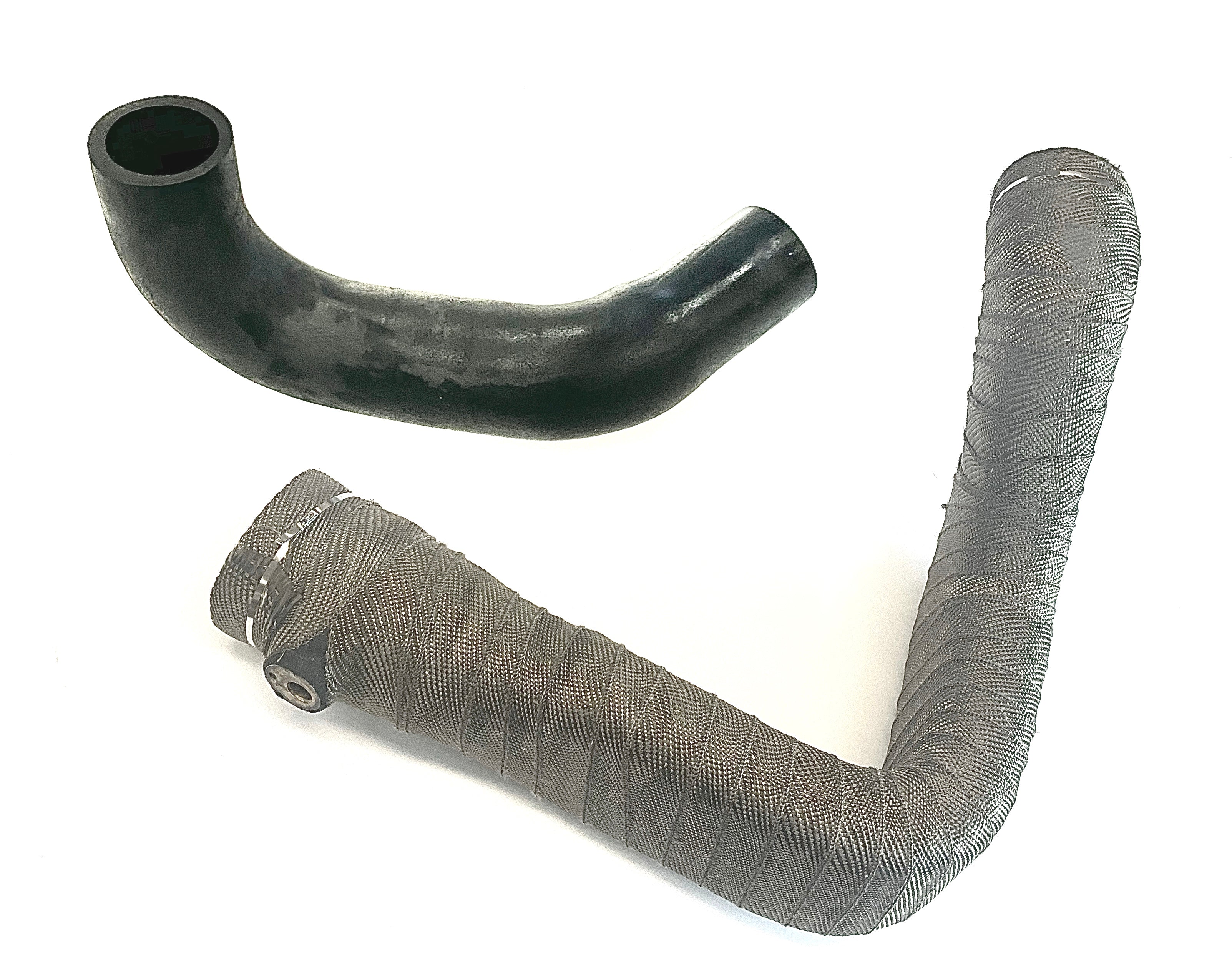 Two heavy duty hoses on a white background: one black rubber hose and one grey wrapped hose with outlet.