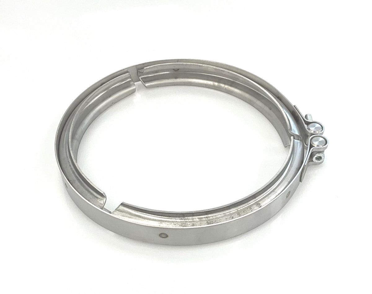 A metallic grey v-clamp and a small locking tab on the right side, photographed on a clean white background.