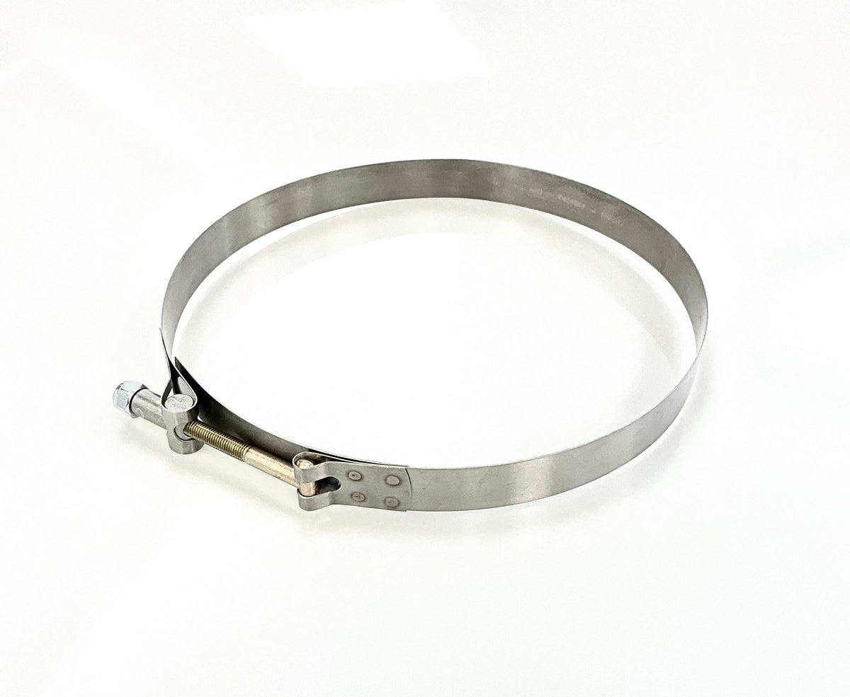 A grey steel clamp band with a threaded screw, shown on a plain white background.
