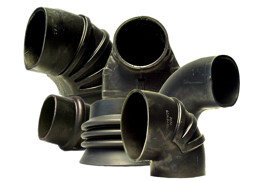 A group of EPDM hoses, including 90 degree elbows, single to triple hump hoses, and a cobra 90 degree hose on a white background.