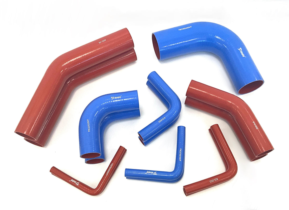 A set of heavy duty silicone hoses in red and blue, including elbow and straight sections, arranged on a plain white background. The hoses have white printed brand markings that read 'BlueJay' and 'RedJay'.